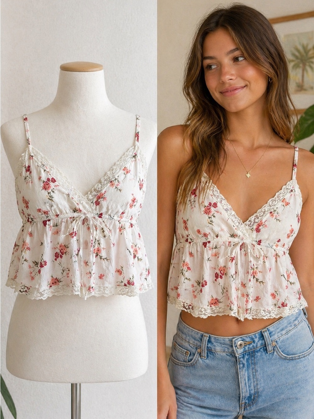 American Eagle | Floral Lace Trim Babydoll Cami | White Pink | Boho | Size L